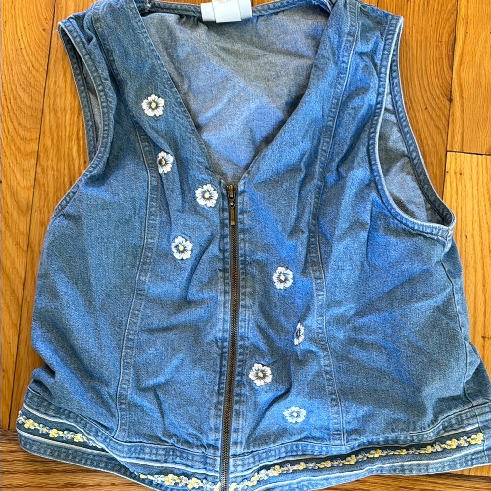 Embroidered Denim Vest with Floral Accents